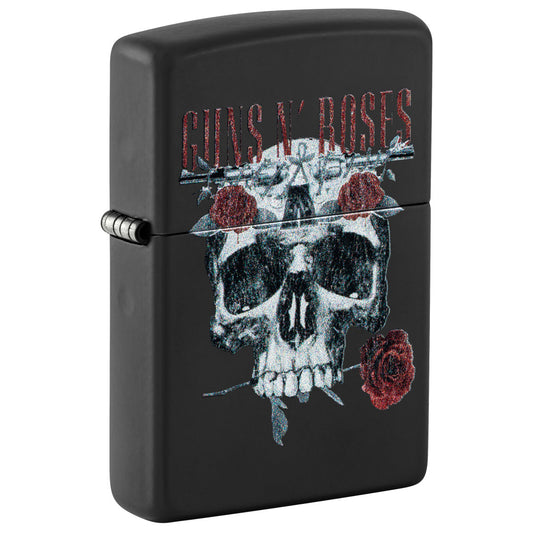 Front shot of Zippo Guns N' Roses Flower Skull Design Black Matte Windproof Lighter standing at a 3/4 angle.