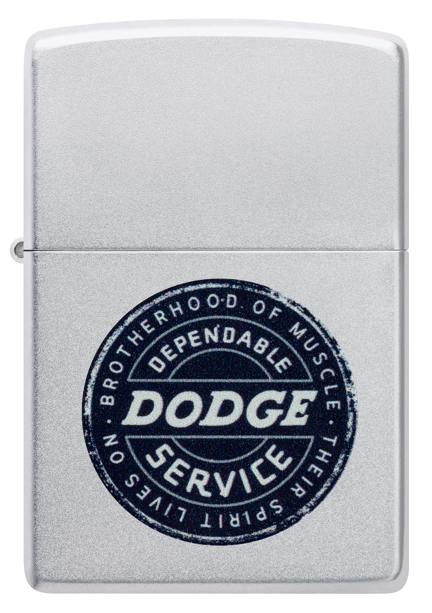 Front view of Zippo Dodge Service Sign Satin Chrome Windproof Lighter.