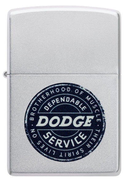 Front view of Zippo Dodge Service Sign Satin Chrome Windproof Lighter.