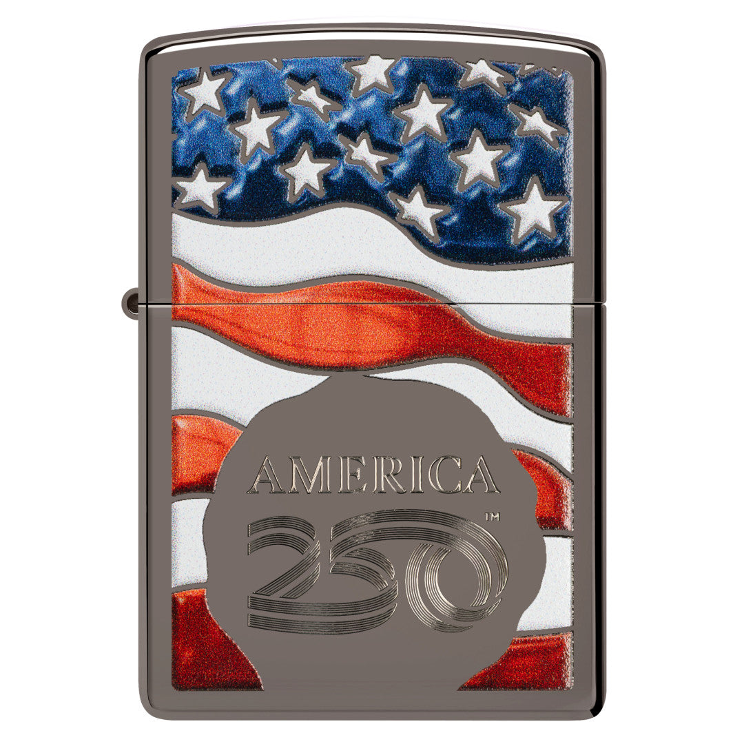 Front view of Zippo America250 Flag Design Black Ice Windproof Lighter.