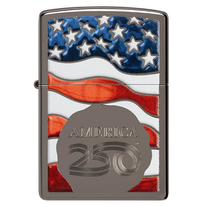 Front view of Zippo America250 Flag Design Black Ice Windproof Lighter.