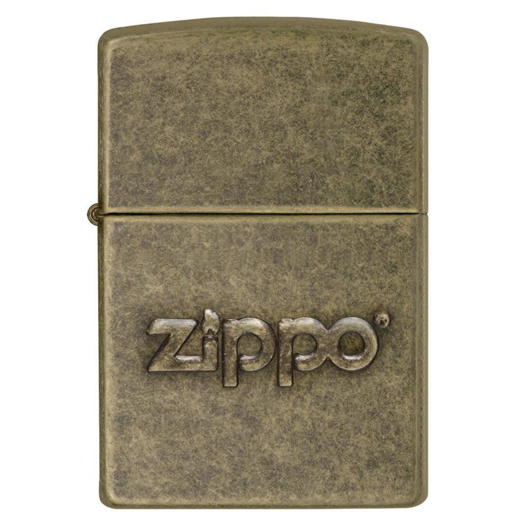 Front view of Zippo Stamp Antique Brass Lighter.