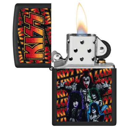 Zippo KISS® Poster Design Black Matte Windproof Lighter with its lid open and lit.