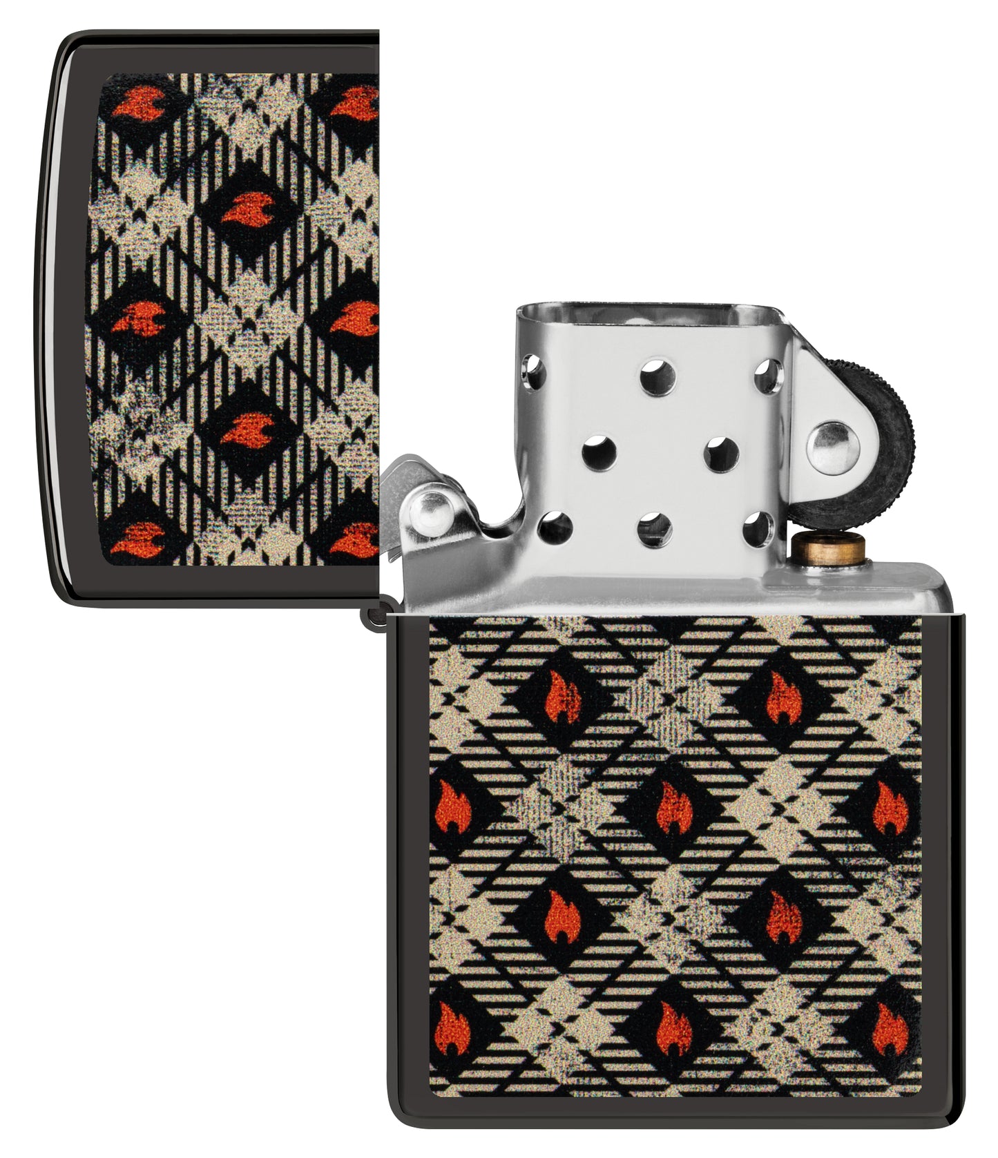 Zippo Tartan Design High Polish Black Windproof Lighter with its lid open and unlit.