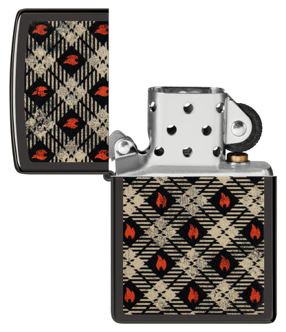 Zippo Tartan Design High Polish Black Windproof Lighter with its lid open and unlit.