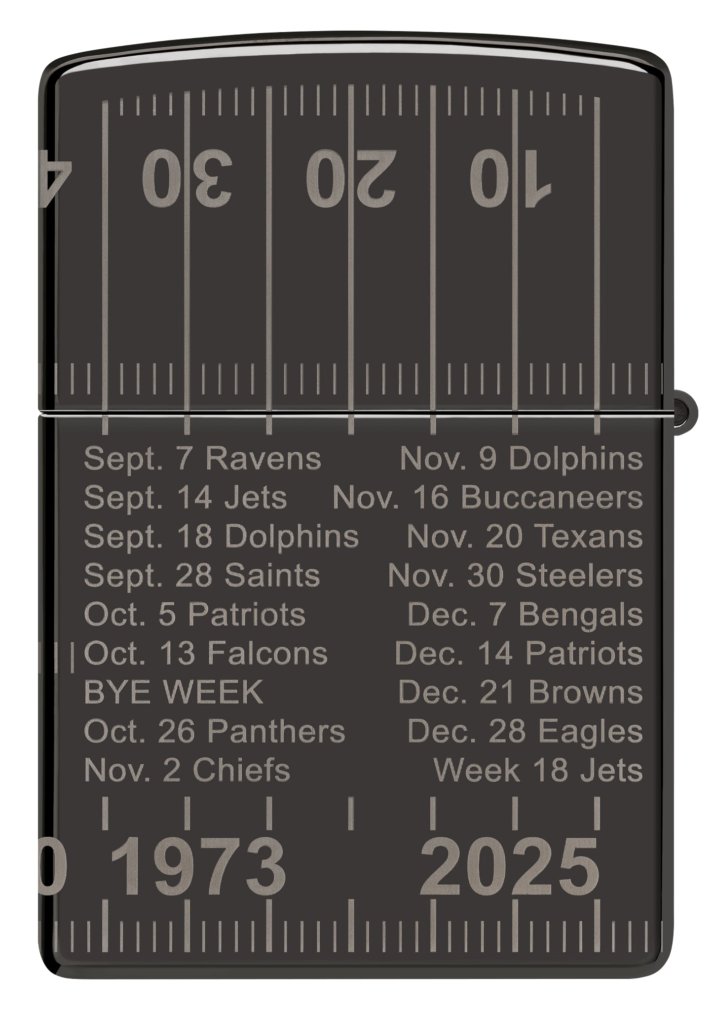Back view of Zippo Buffalo Bills Farewell Season Design High Polish Black Windproof Lighter.