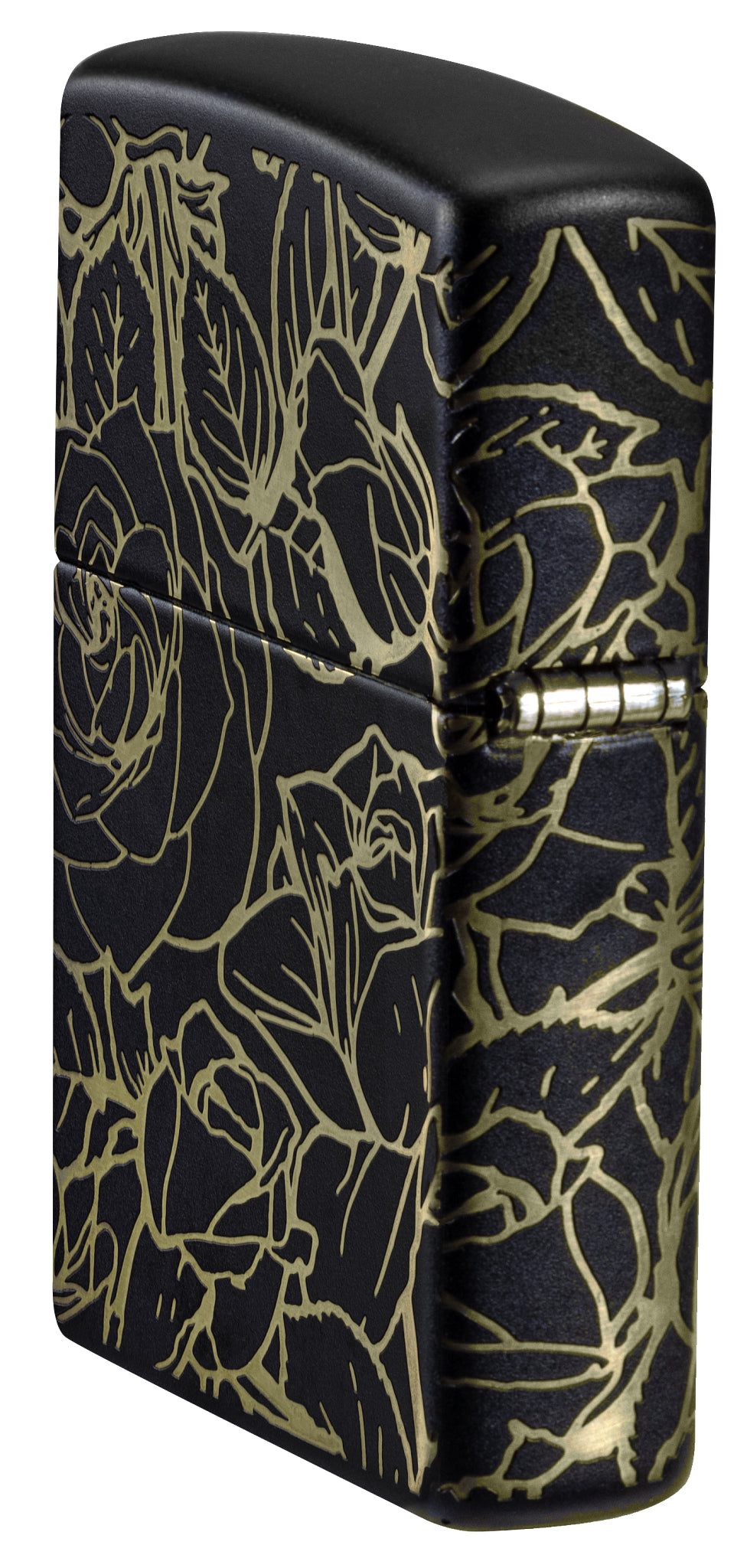 Angled shot of  Zippo Queen of Bud 360° Roses Design Black Matte Windproof Lighter showing the back and hinge side of the lighter.