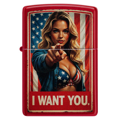 Front view of Zippo I Want You Design Candy Apple Red Windproof Lighter.