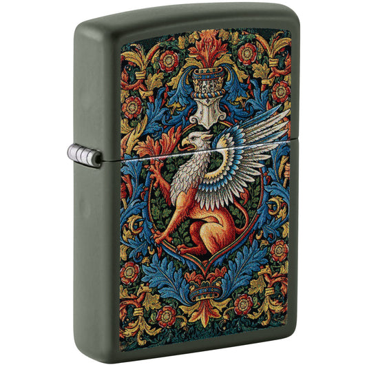 Front shot of Zippo Gryphon Design Green Matte Windproof Lighter standing at a 3/4 angle.