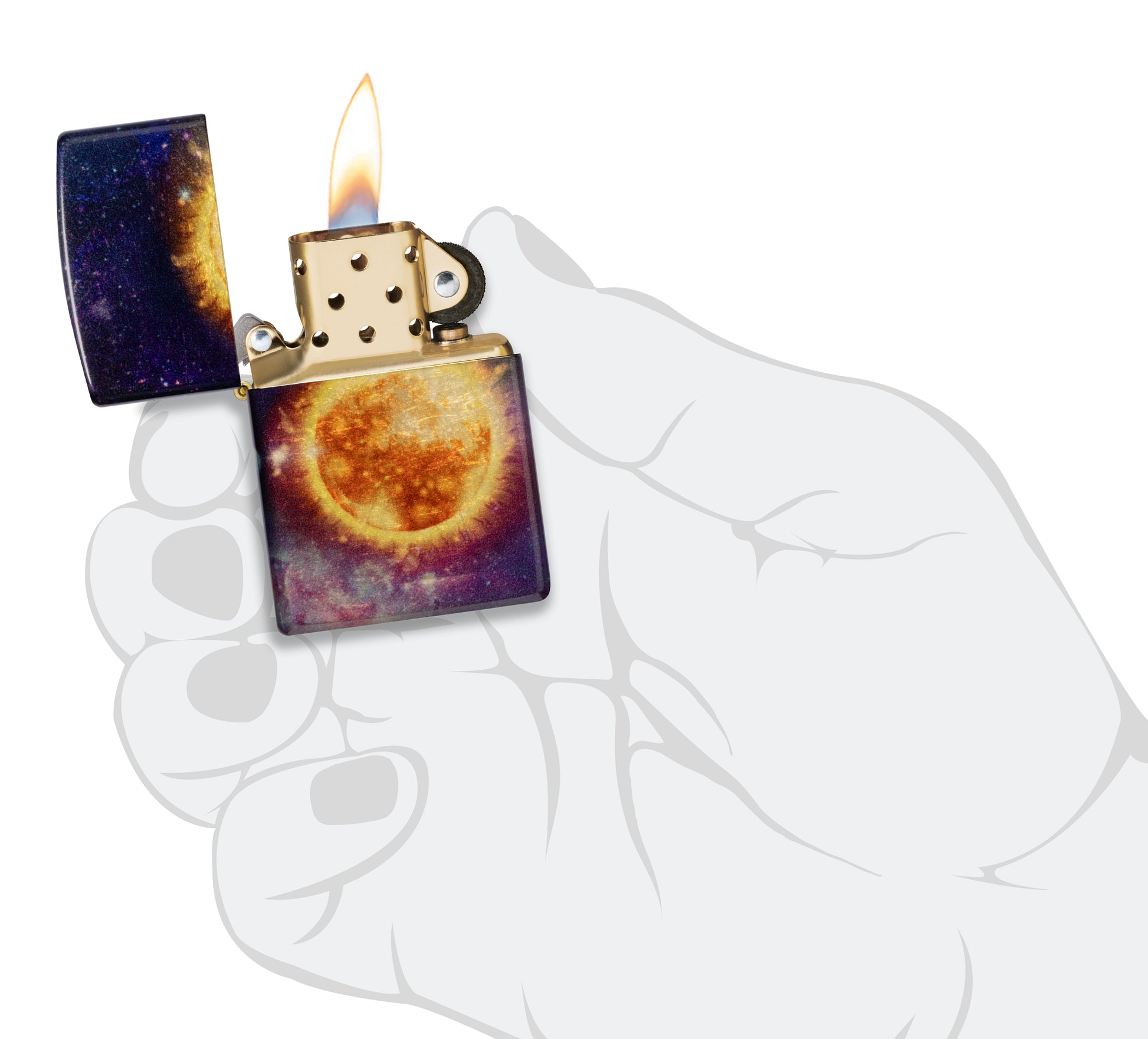 Zippo Solar Flare Design 540 Tumbled Brass Windproof lighter lit in hand.