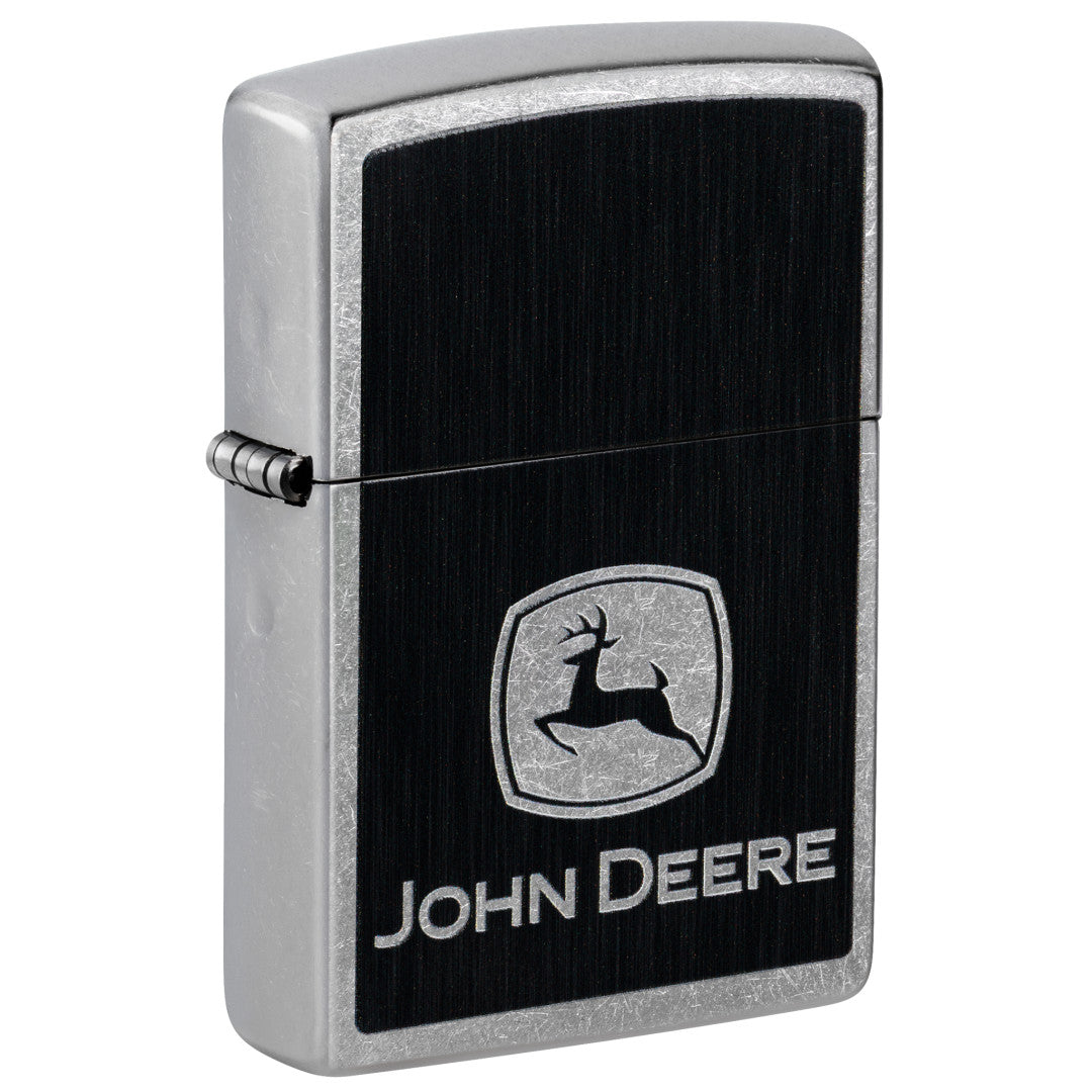 Front shot of Zippo John Deere Chrome Logo Design Street Chrome Windproof Lighter standing at a 3/4 angle.