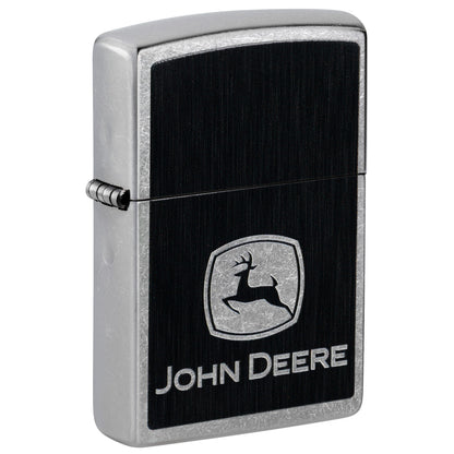 Front shot of Zippo John Deere Chrome Logo Design Street Chrome Windproof Lighter standing at a 3/4 angle.