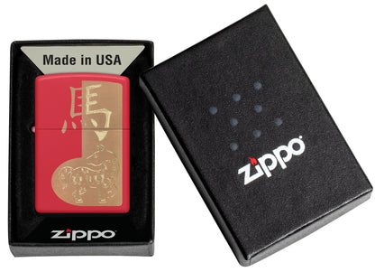 Zippo 2026 Year of the Horse Design Red Matte Windproof Lighter in its packaging.
