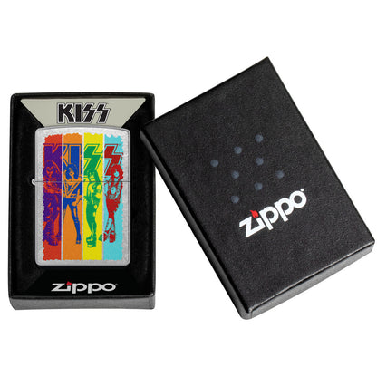 Zippo KISS® Fly Flag Design Street Chrome Windproof Lighter in its packaging.