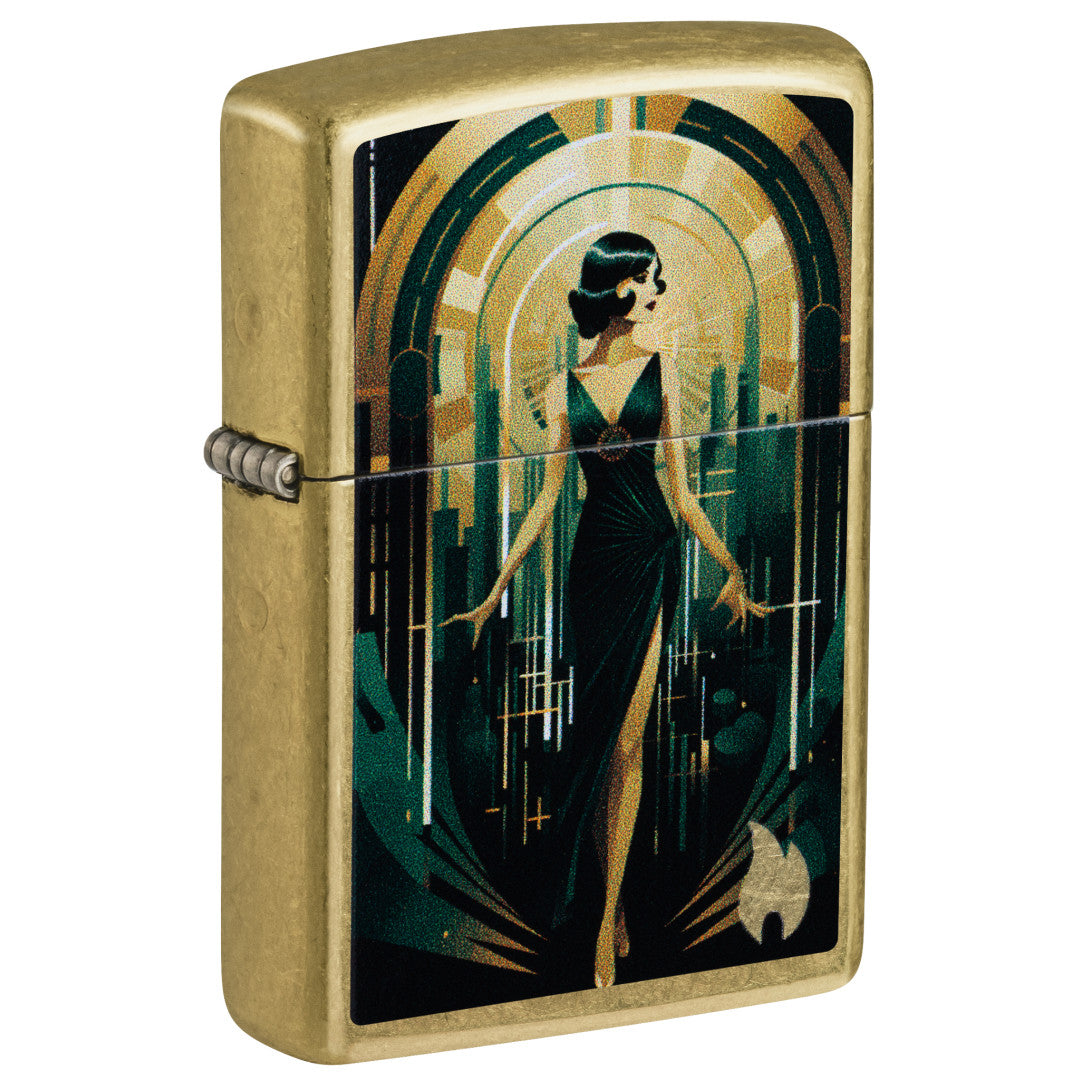 Front shot of Zippo Fancy Flapper Design Street Brass Windproof Lighter standing at a 3/4 angle.