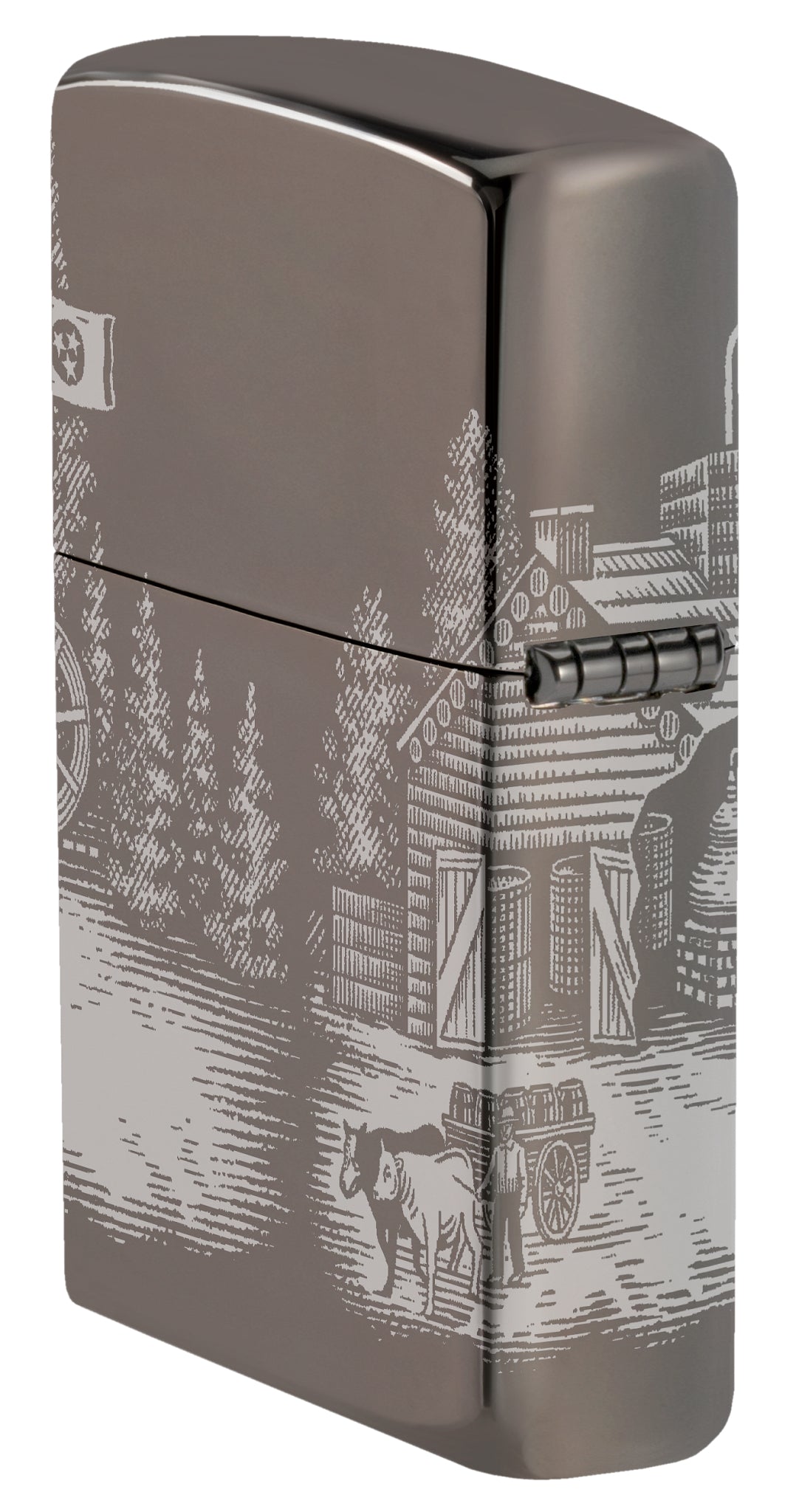 Angled shot of  Zippo Jack Daniel's® Distillery Design Black Ice® Windproof Lighter showing the back and hinge sides of the lighter.