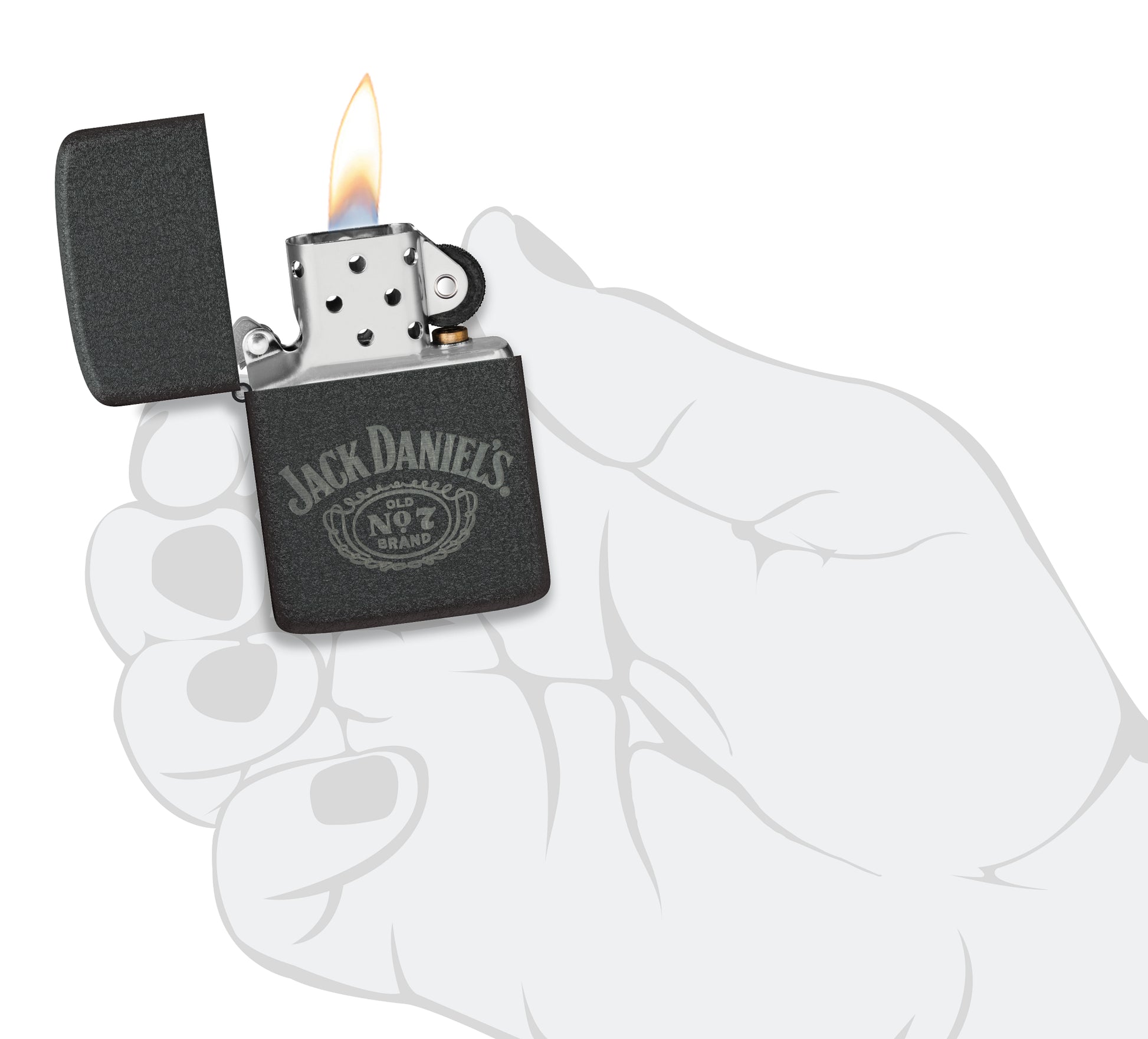 Zippo Jack Daniel's® No. 7 Design 1941 Replica Black Crackle® Windproof Lighter lit in hand.