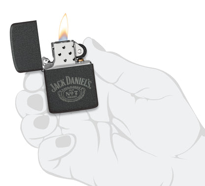 Zippo Jack Daniel's® No. 7 Design 1941 Replica Black Crackle® Windproof Lighter lit in hand.