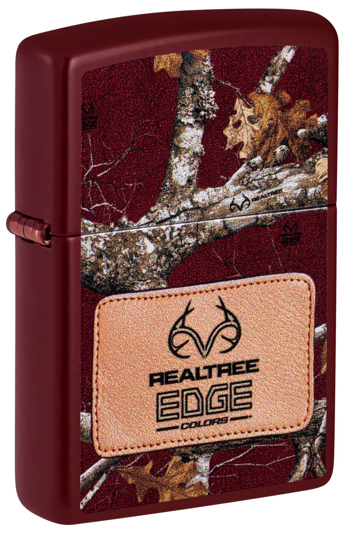 Front shot of Zippo Realtree® Edge® Colors Design Merlot Windproof Lighter standing at a 3/4 angle.