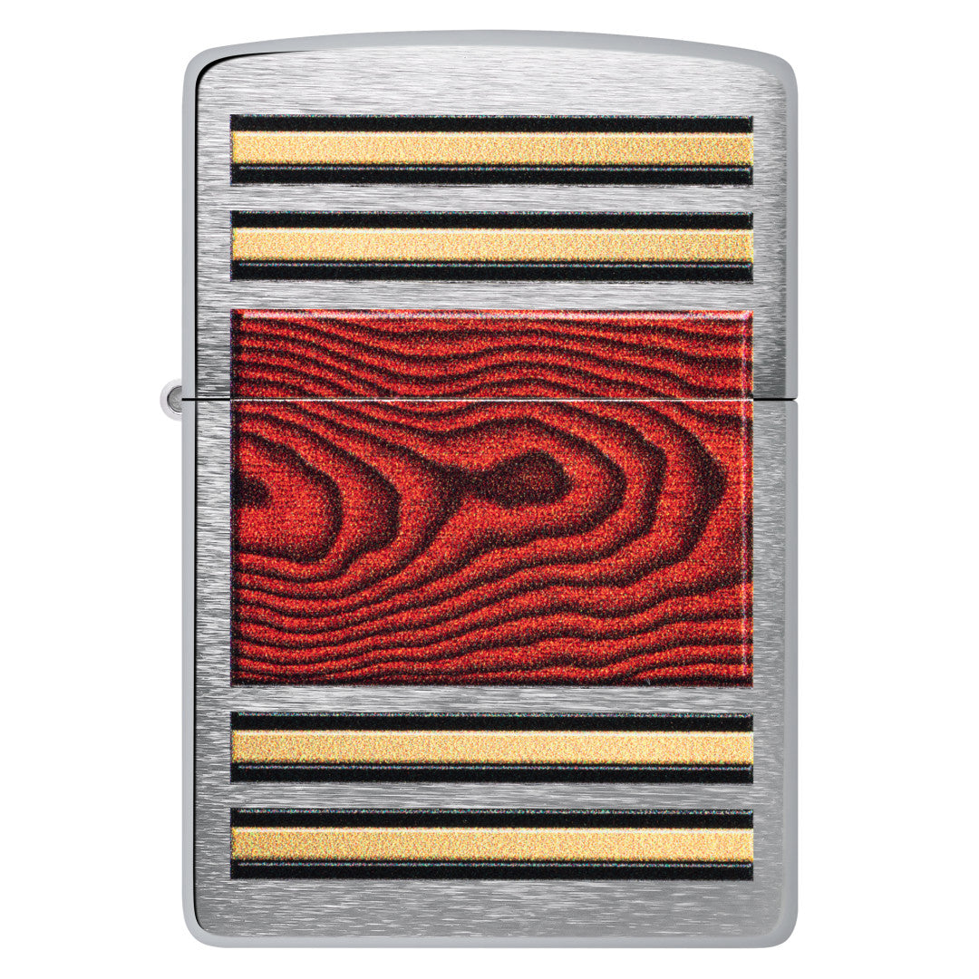 Front view of Zippo Woodgrain Design Pipe Lighter Brushed Chrome Windproof Lighter.