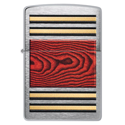 Front view of Zippo Woodgrain Design Pipe Lighter Brushed Chrome Windproof Lighter.