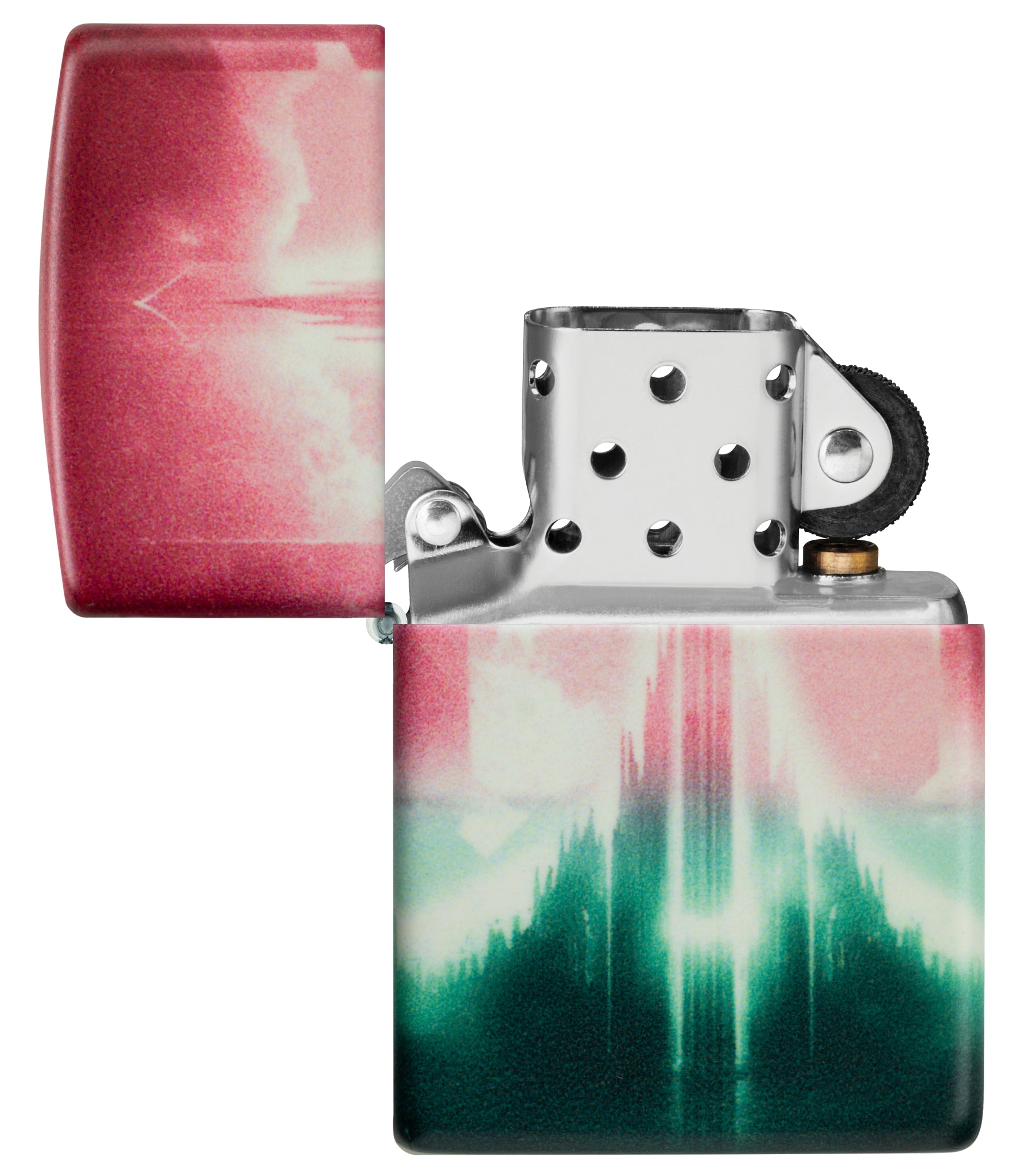 Zippo Wicked City Design Glow in the dark Green Windproof Lighter with its lid open and unlit.