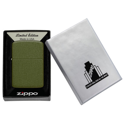 Zippo 2026 Founder’s Day Commemorative Green Crackle Windproof Lighter in its packaging.