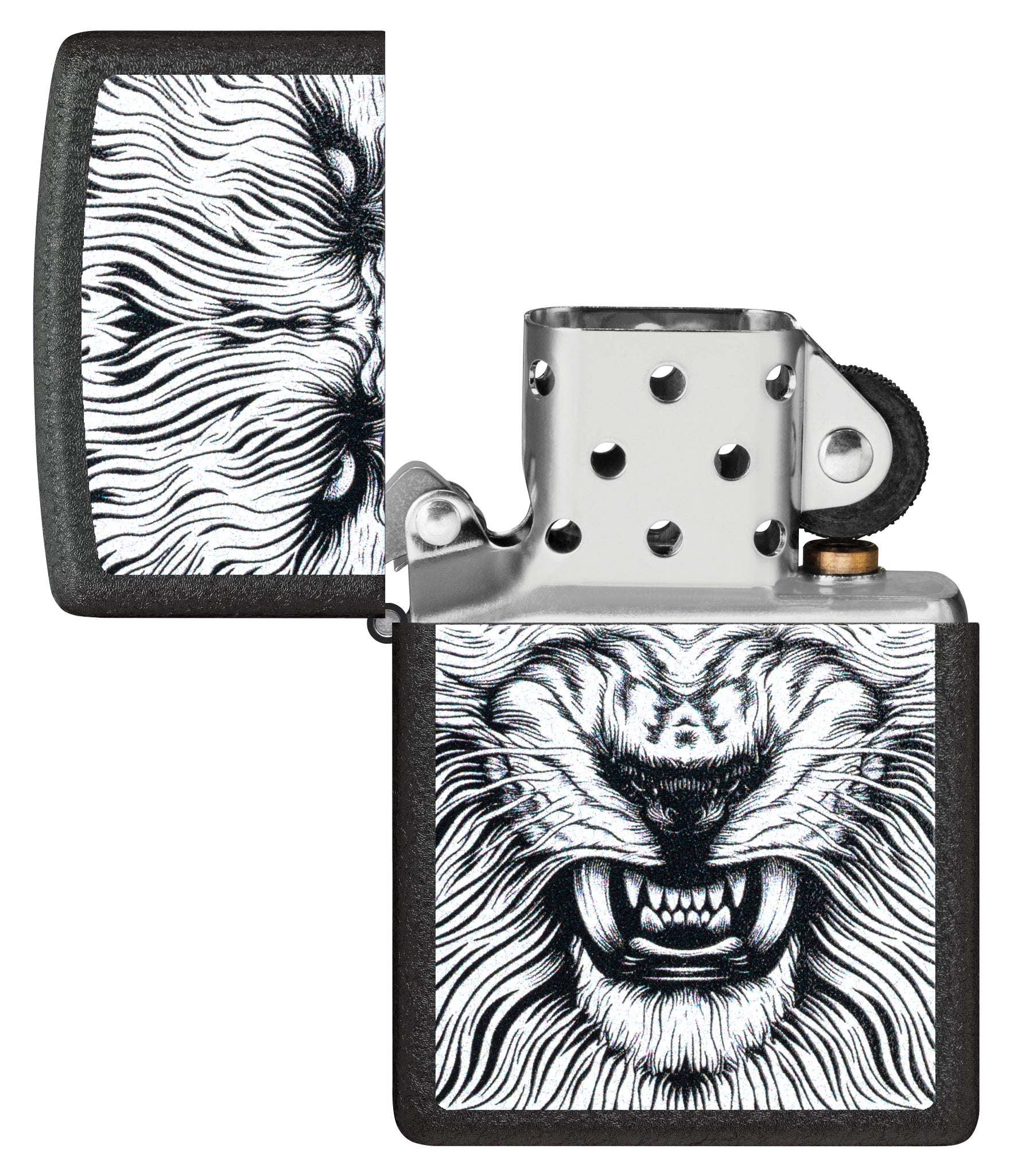 Zippo Say Cheese Design Black Crackle® Windproof Lighter with its lid open and unlit.