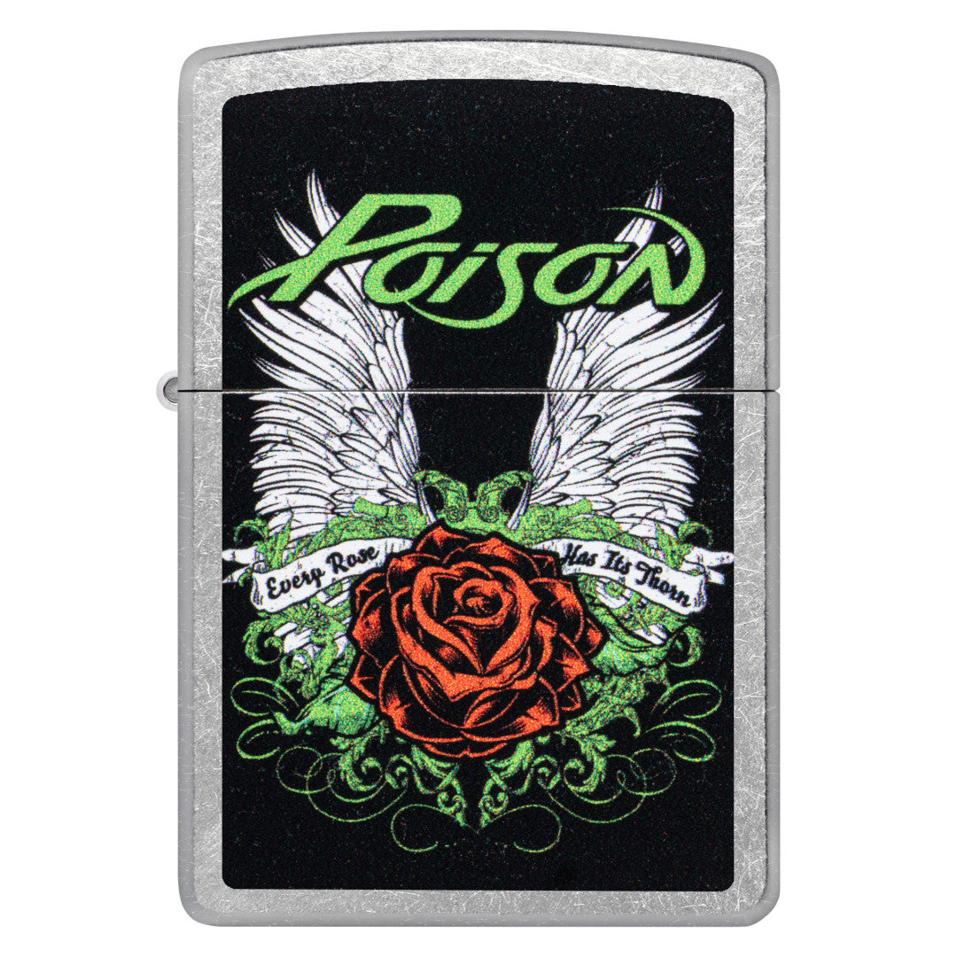 Front view of Zippo Poison Winged Rose Design Street Chrome Windproof Lighter.