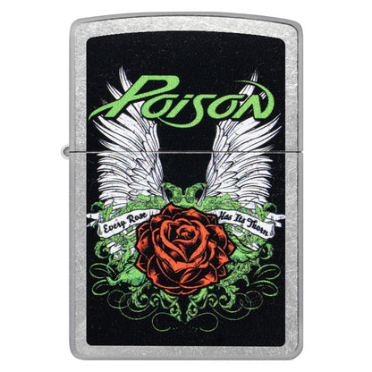 Front view of Zippo Poison Winged Rose Design Street Chrome Windproof Lighter.