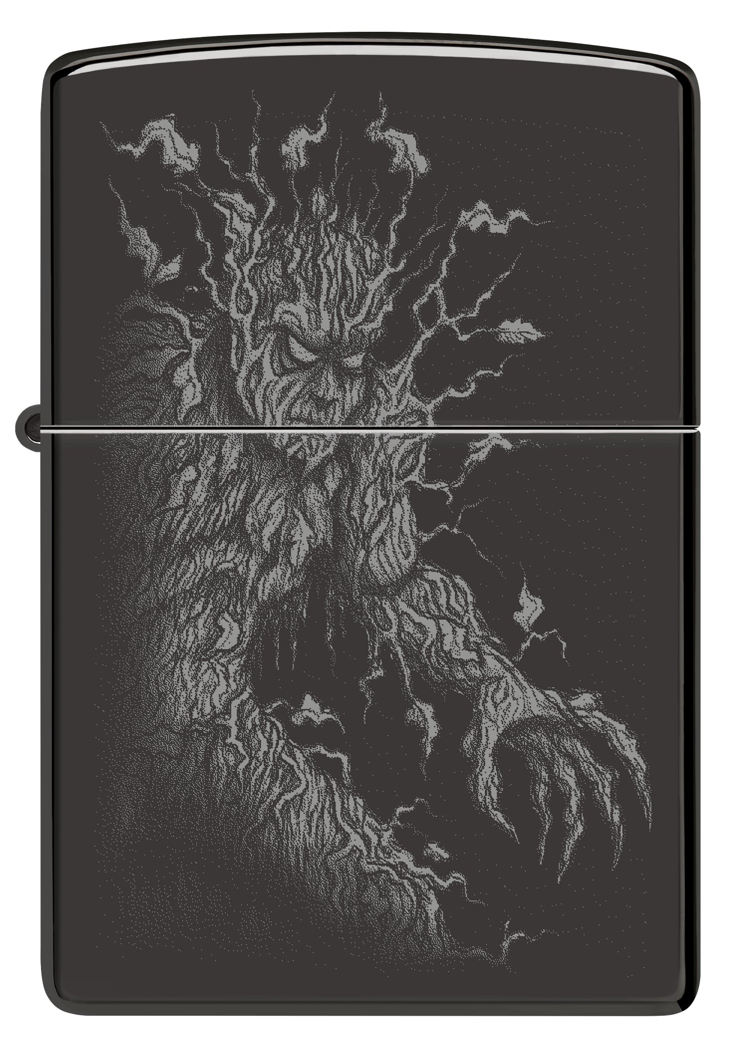 Front view of Zippo Root of All Evil Design High Polish Black Windproof Lighter.