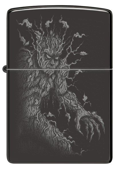 Front view of Zippo Root of All Evil Design High Polish Black Windproof Lighter.
