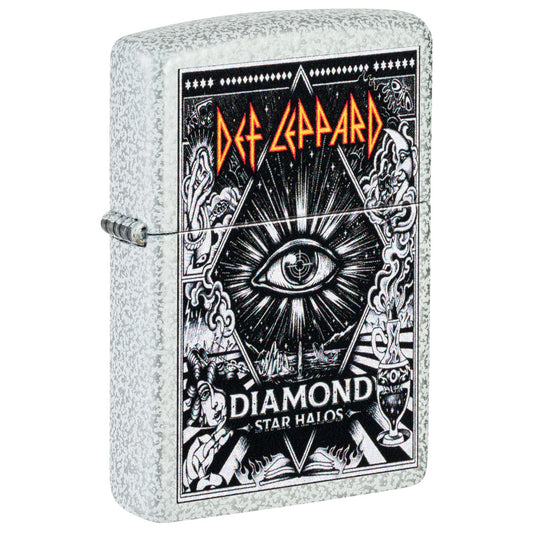Front shot of Zippo Def Leppard Diamond Star Halos Design Glacier Windproof Lighter standing at a 3/4 angle.