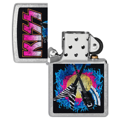 Zippo KISS® Axe Bass Design Street Chrome Windproof Lighter with its lid open and unlit.