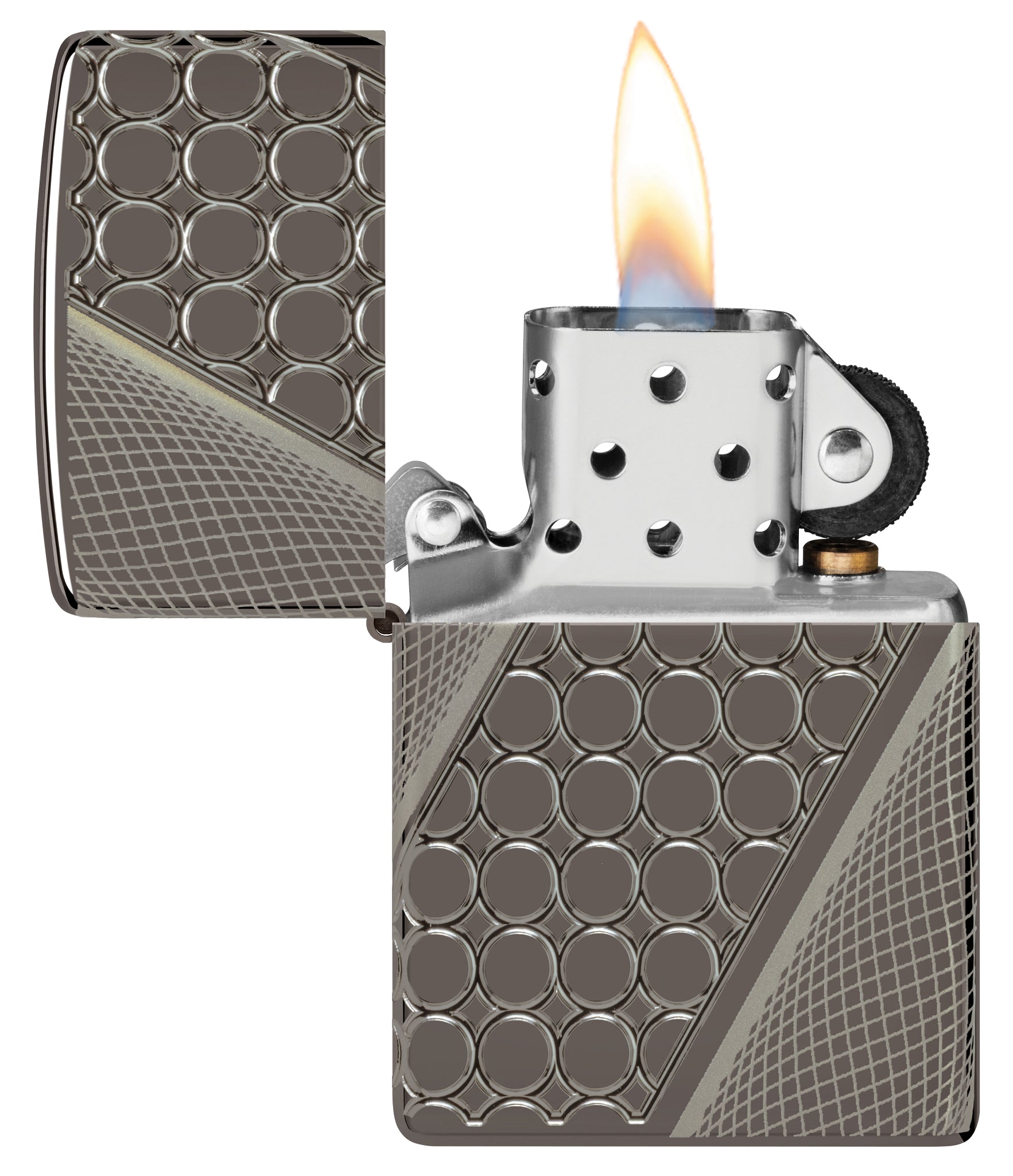 Zippo Deep Dots Design Armor® Black Ice® Windproof Lighter with its lid open and lit.