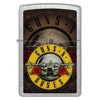 Front view of Zippo Guns N' Roses Logo Design Street Chrome Windproof Lighter.