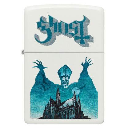 Front view of Zippo Ghost Opus Eponymous Design White Matte Windproof Lighter.