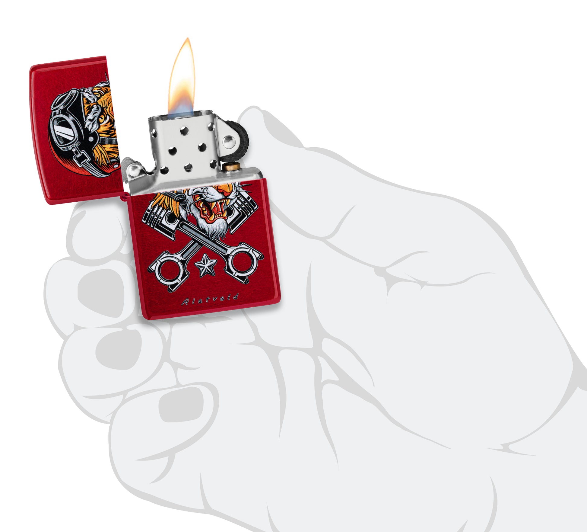 Zippo Rietveld Tiger Design Candy Apple Red Windproof Lighter lit in hand.