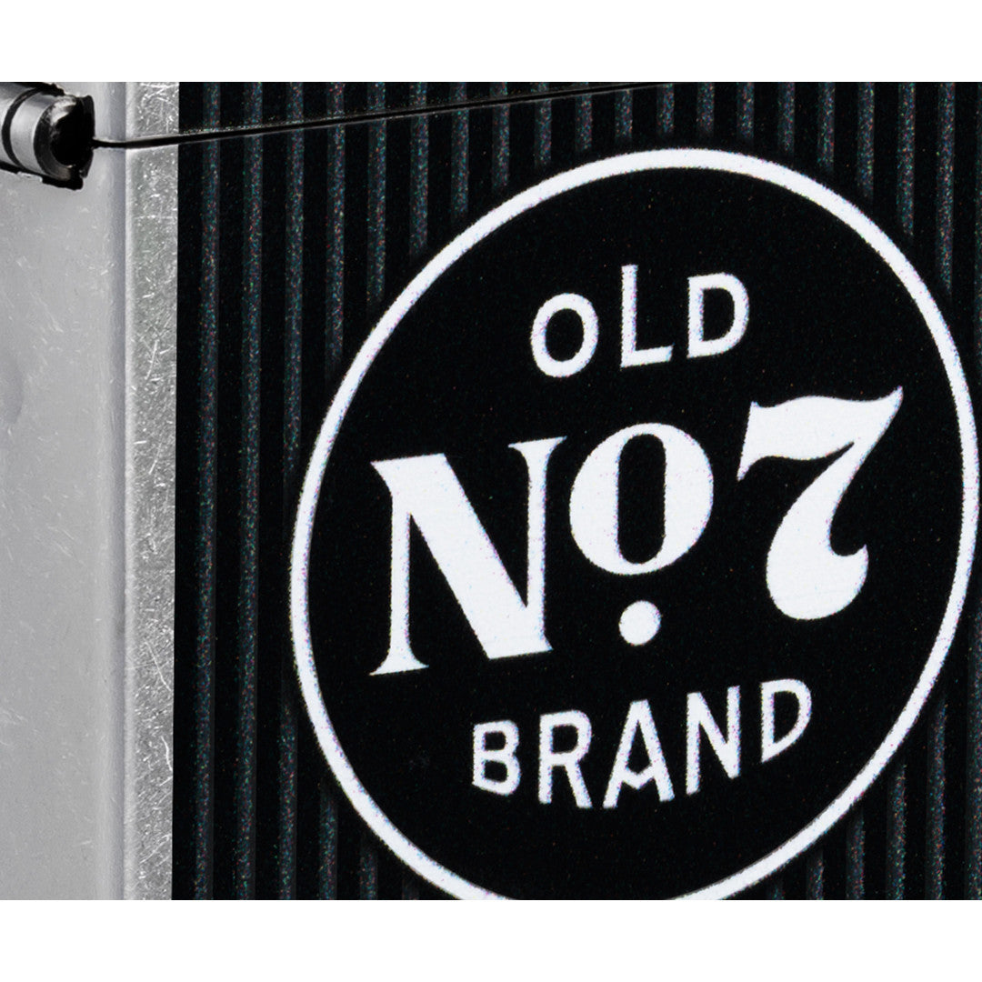 Front view of Zippo Jack Daniel's Old No. 7 Pinstripe Design Street Chrome Windproof Lighter close up to show the detail of the lighter.