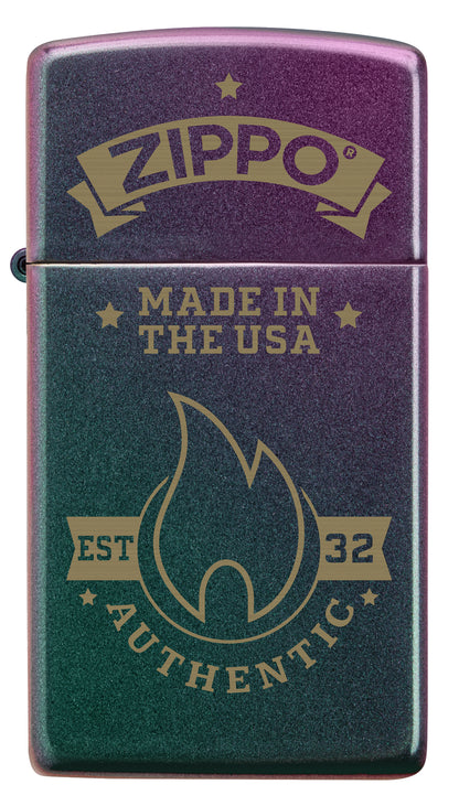 Front view of Zippo Authentic Zippo Design Slim Iridescent Windproof Lighter.