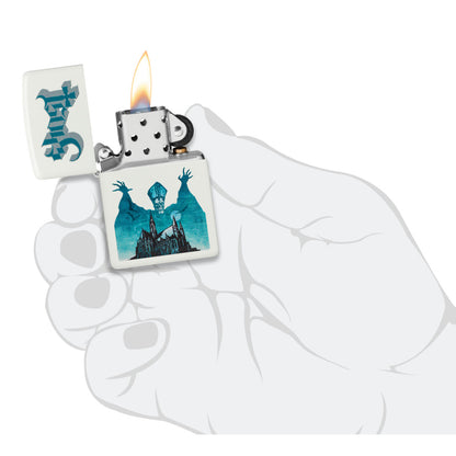 Zippo Ghost Opus Eponymous Design White Matte Windproof Lighter lit in hand.