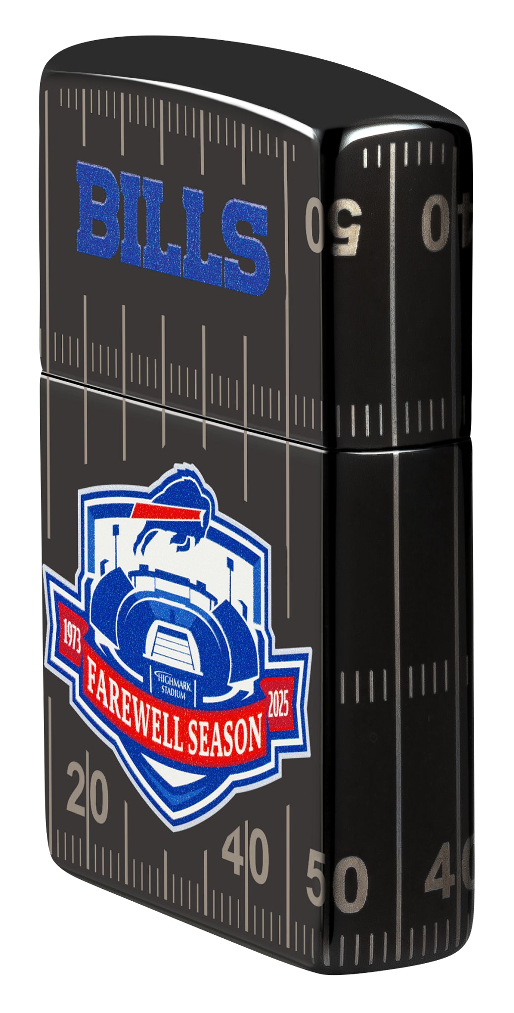 Angled shot of  Zippo Buffalo Bills Farewell Season Design High Polish Black Windproof Lighter showing the front and right sides of the lighter.