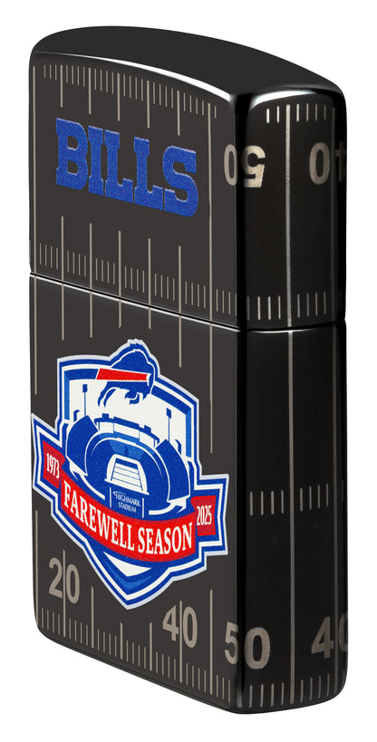 Angled shot of  Zippo Buffalo Bills Farewell Season Design High Polish Black Windproof Lighter showing the front and right sides of the lighter.