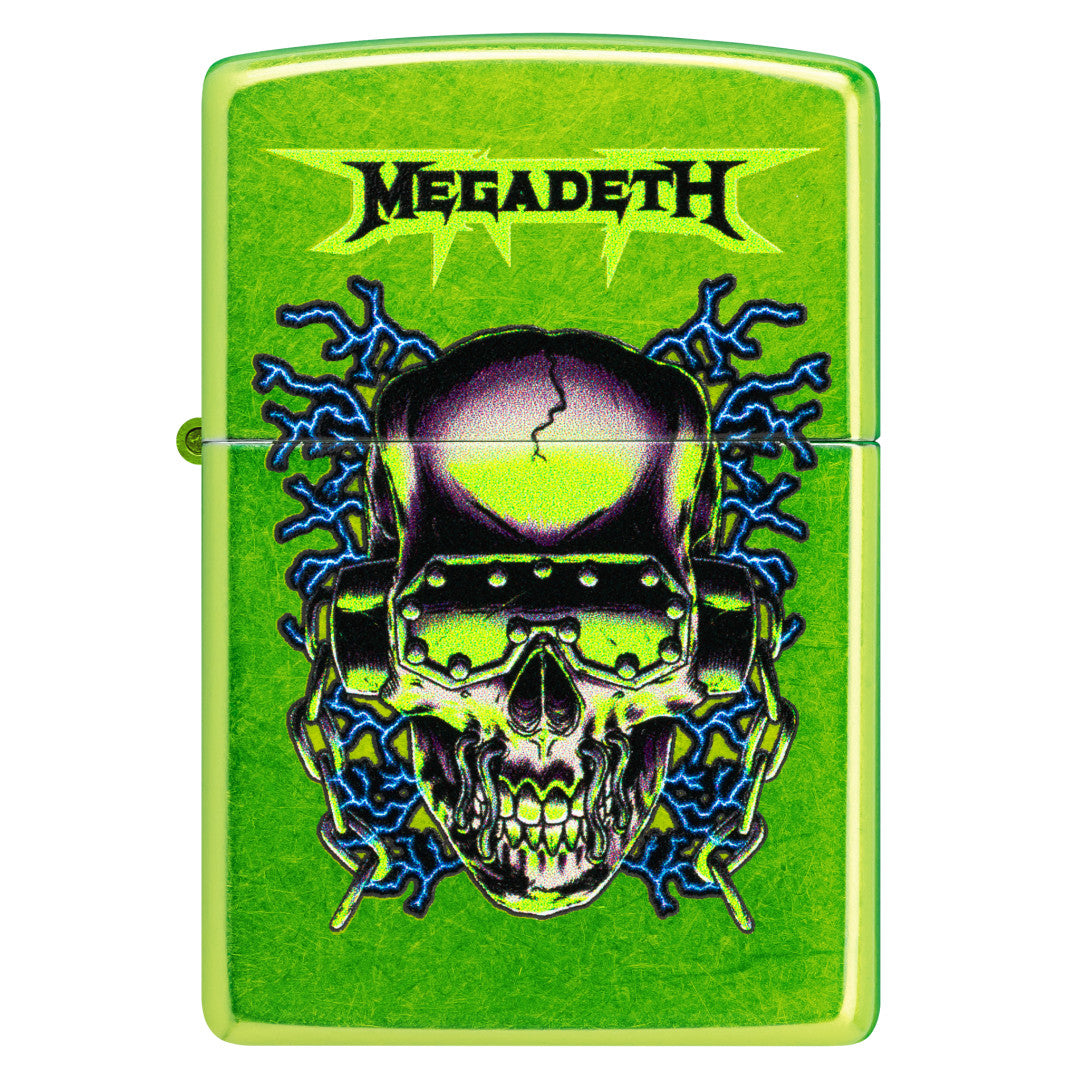 Front view of Zippo Megadeth Vic Rattlehead Design Classic Lurid Windproof Lighter.