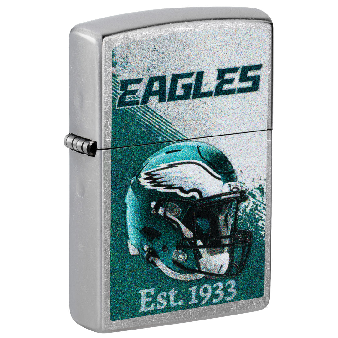 Front shot of Zippo NFL Philadelphia Eagles Helmet Design Street Chrome Windproof Lighter standing at a 3/4 angle.
