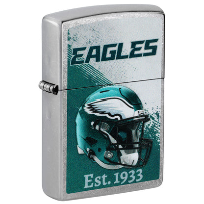 Front shot of Zippo NFL Philadelphia Eagles Helmet Design Street Chrome Windproof Lighter standing at a 3/4 angle.