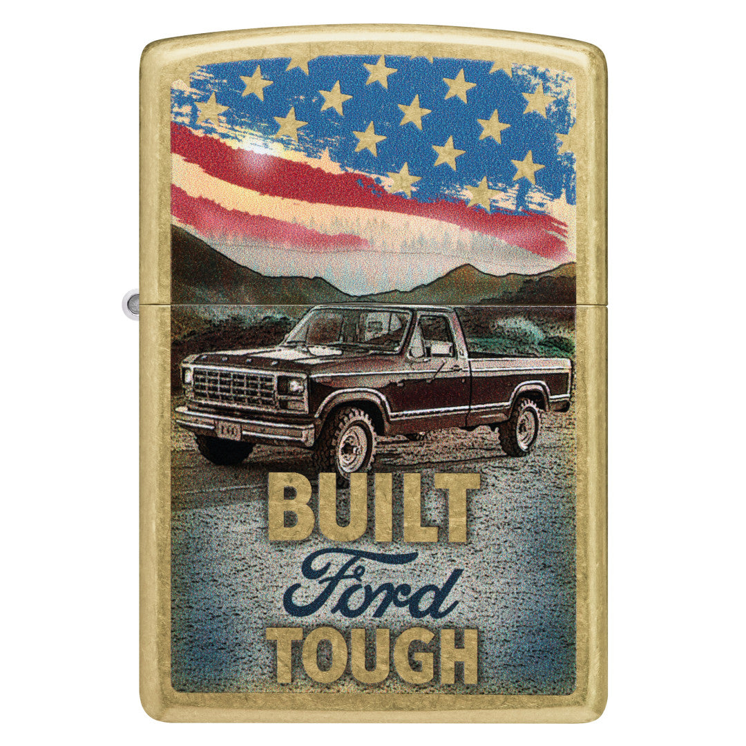 Front view of Zippo Built Ford Tough Design Street Brass Windproof Lighter.