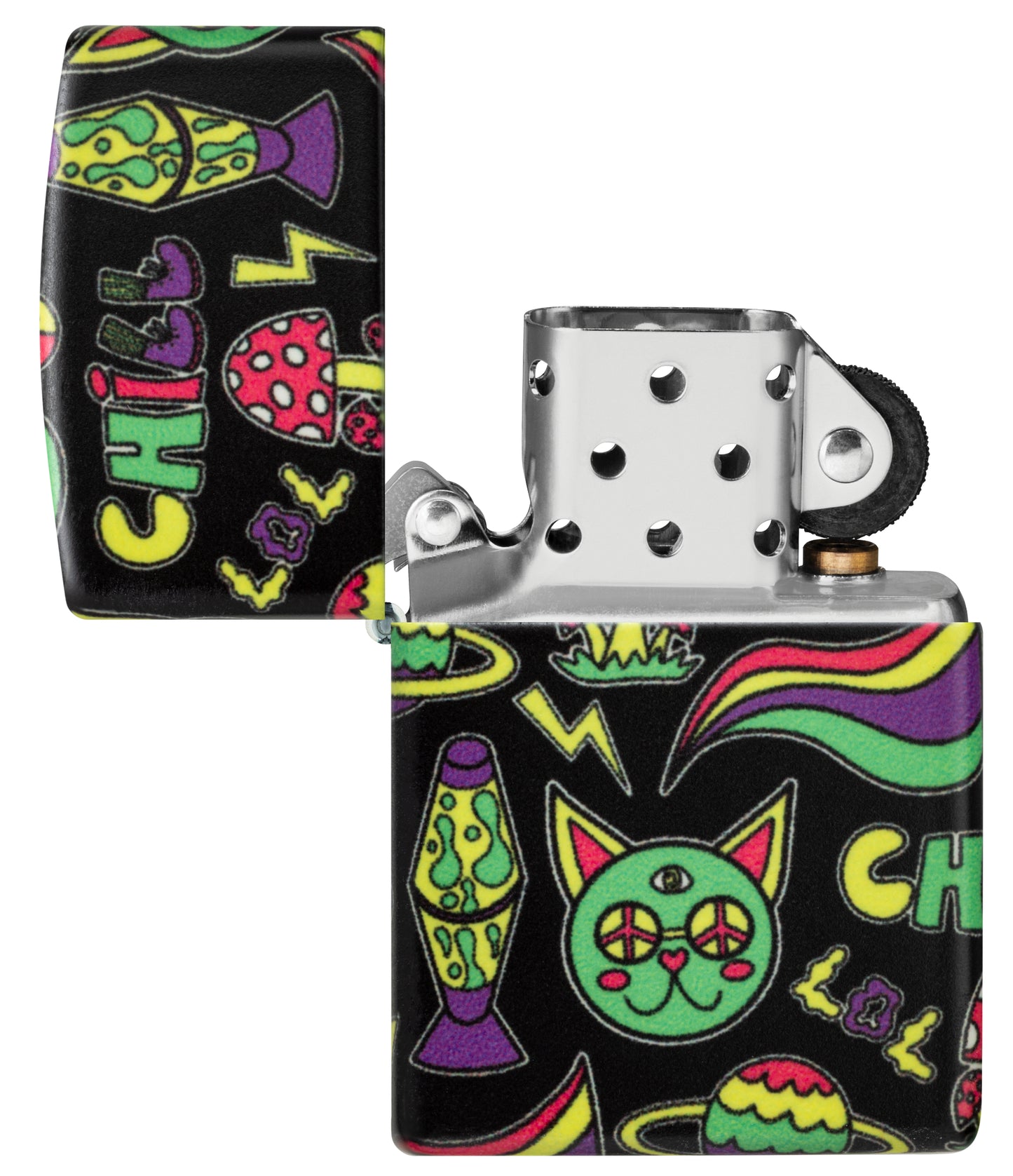 Zippo Glowing Chill Design Glow-in-the-Dark Green Windproof Lighter with its lid open and unlit.