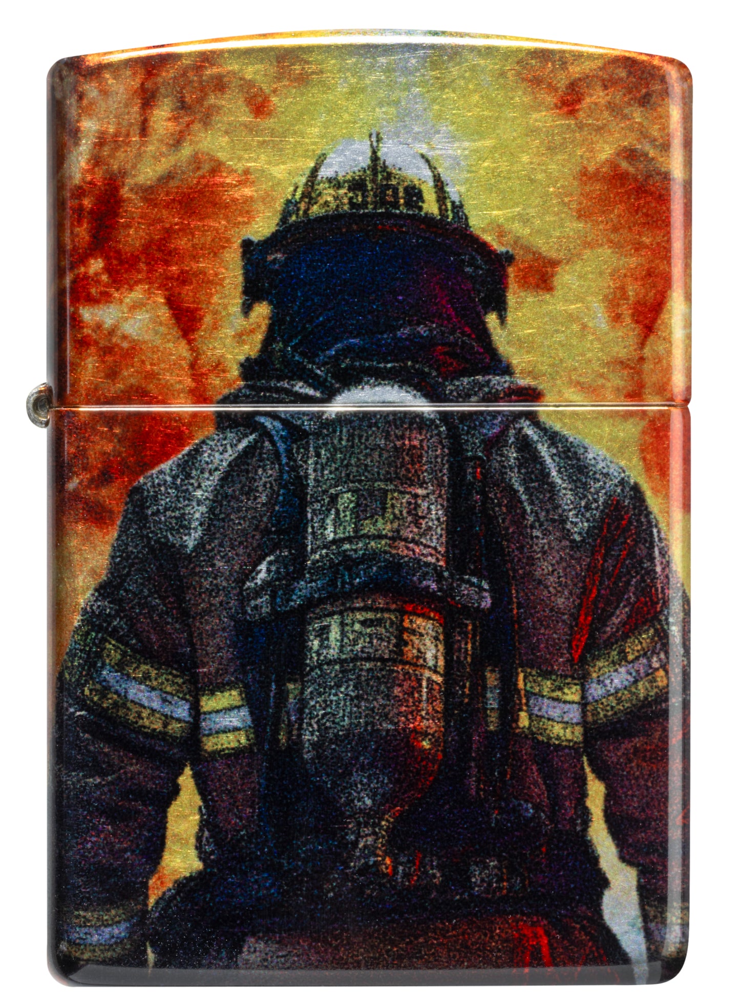 Front view of Zippo Firefighter Fusion Design 540 Tumbled Chrome Windproof Lighter.