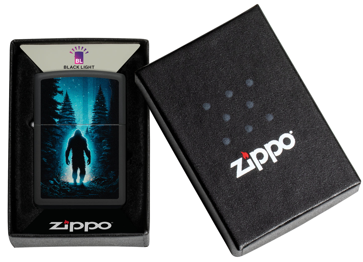 Zippo  Ultra Squatch Design Black Matte Windproof Lighter in its packaging.